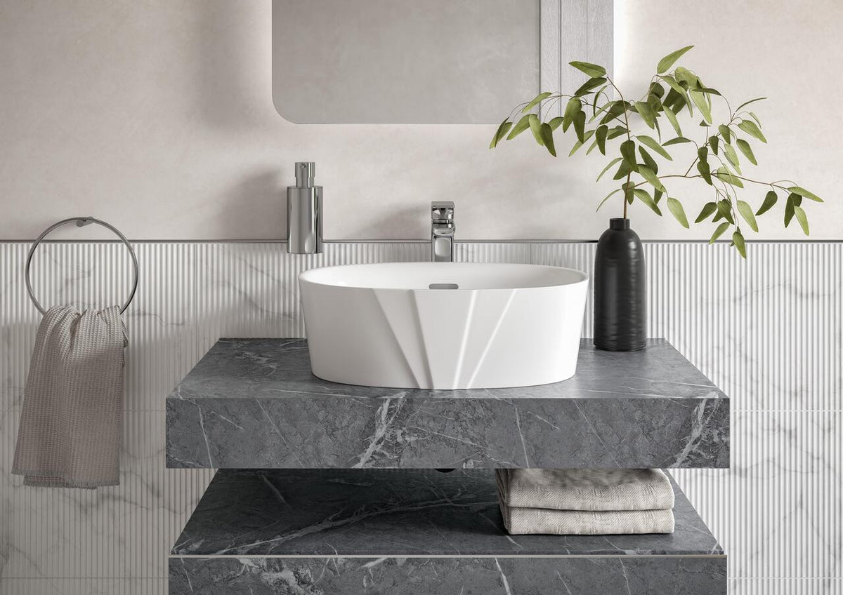 Auvellis Deco 460mm Resin Countertop Washbasin – White in a bathroom setting