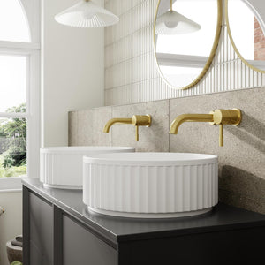 Auvellis Fluted 400mm Round Resin Countertop Washbasin – White in a bathroom setting