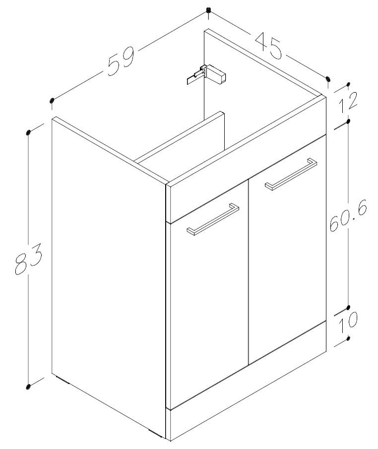Auvellis Forma 590mm Floor Standing 2 Door Basin Unit (No Top) – Technical Drawing