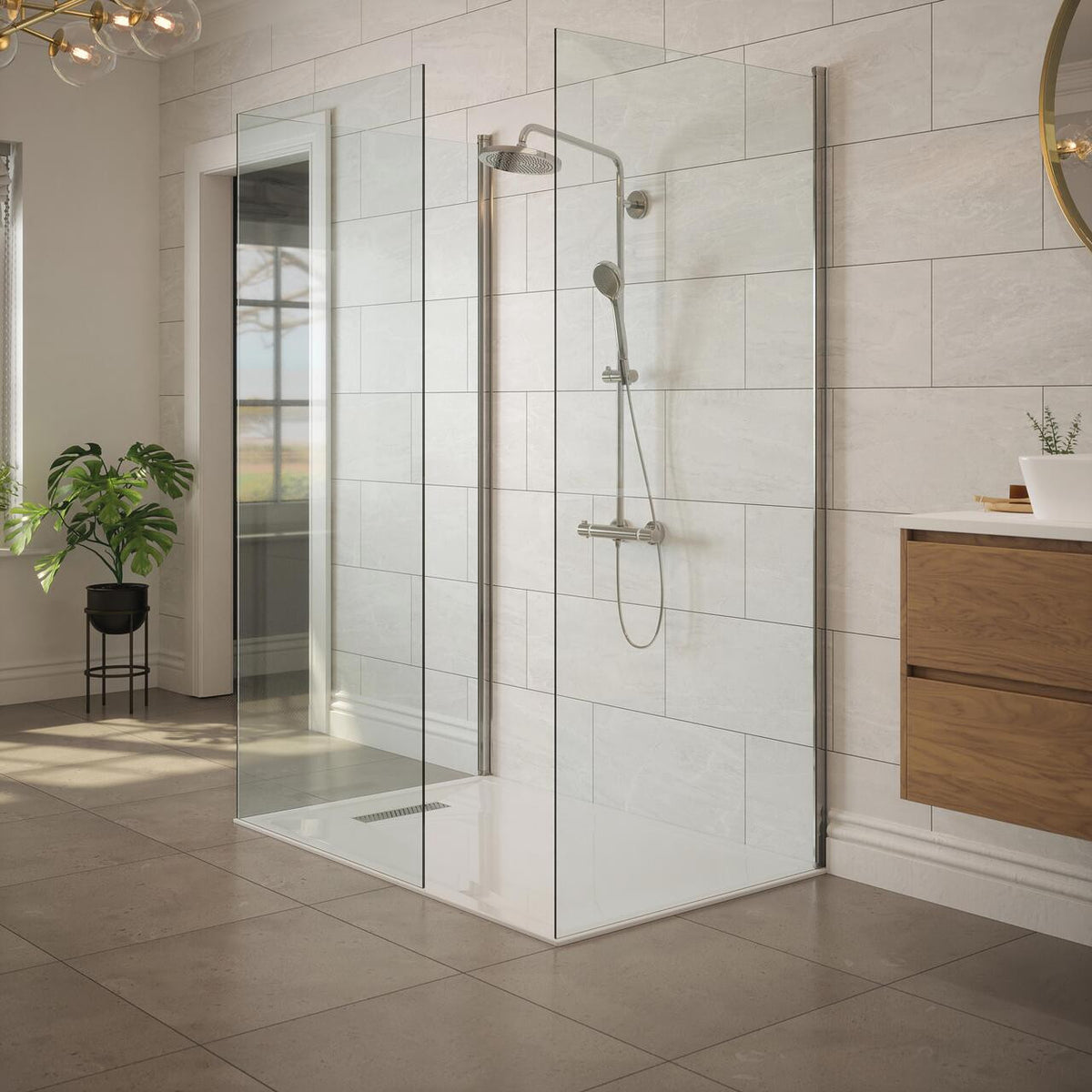 Bathroom with linear shower tray waste and chrome cover