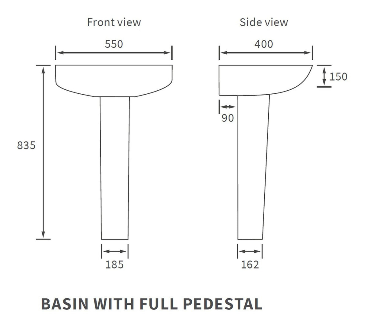 Auvellis Lunero 550mm basin and full pedestal in a bathroom setting