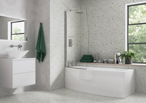 Auvellis Lunero 900mm space-saver bath screen in bathroom setting