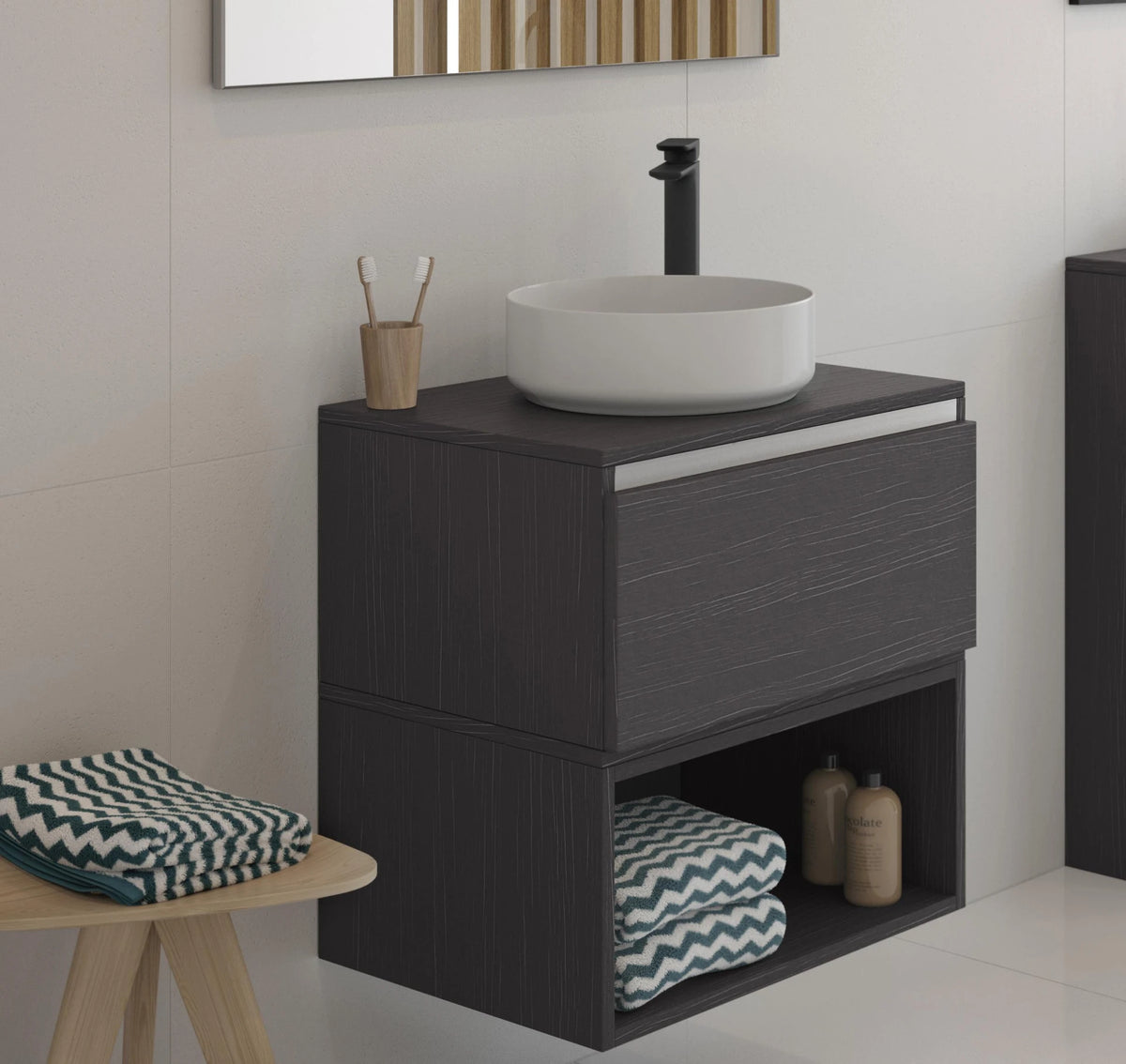 Auvellis Luxey 355mm Round Countertop Washbasin + Waste in a bathroom setting