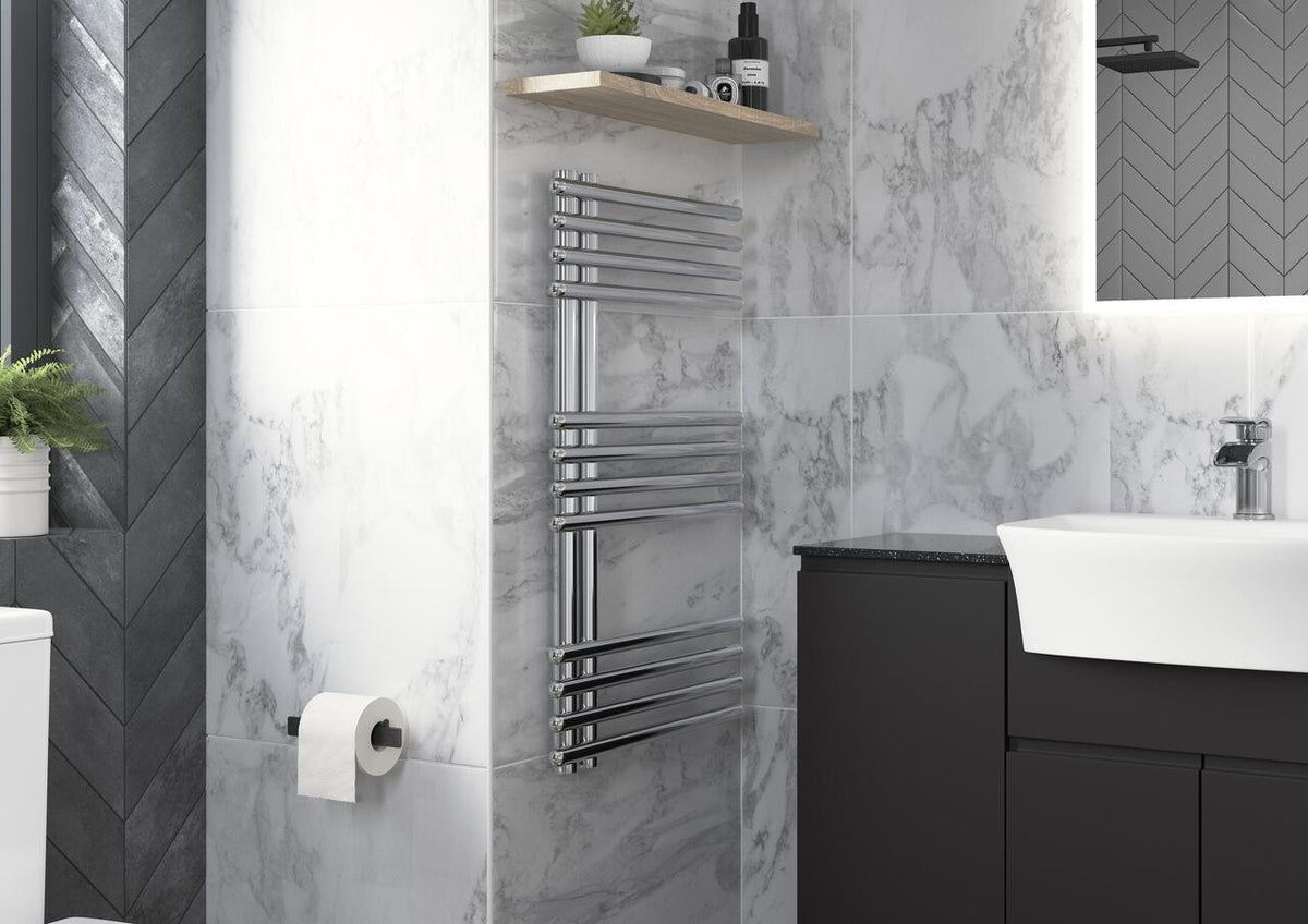Auvellis Nexara chrome round ladder radiator in a bathroom setting