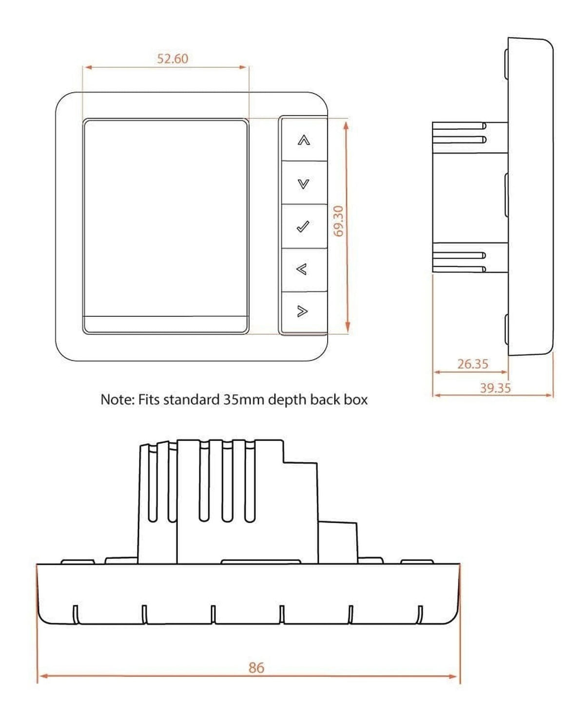 Auvellis Nexara digital programmable underfloor heating thermostat – technical dimensions