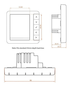 Auvellis Nexara digital programmable underfloor heating thermostat – technical dimensions