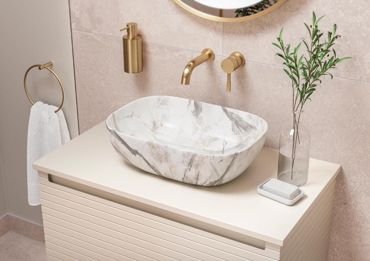 Auvellis Rovane Fluted Wall-Hung 1-Drawer Vanity Unit with Worktop in a bathroom setting
