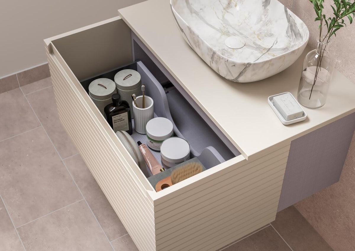 Auvellis Rovane Fluted Wall-Hung 1-Drawer Vanity Unit with Worktop in a bathroom setting