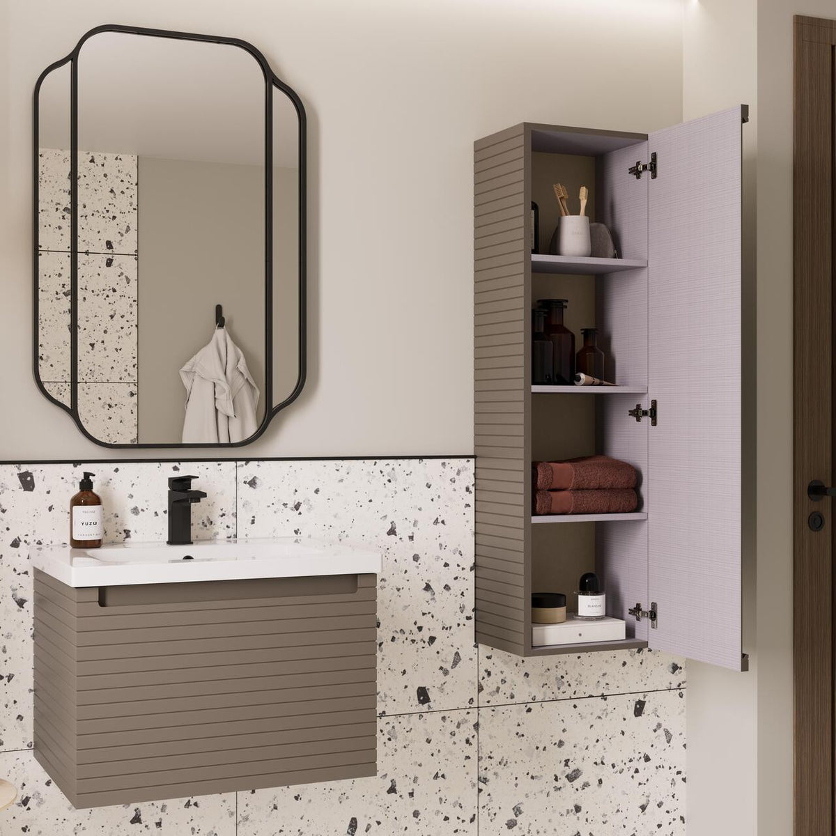 Auvellis Rovane Fluted Wall-Hung 1-Drawer Vanity Unit with Worktop in a bathroom setting