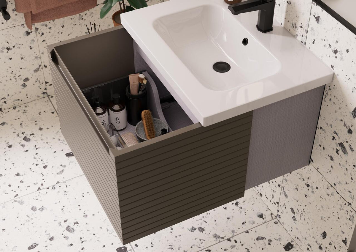 Auvellis Rovane Fluted Wall-Hung 1-Drawer Vanity Unit with Worktop in a bathroom setting