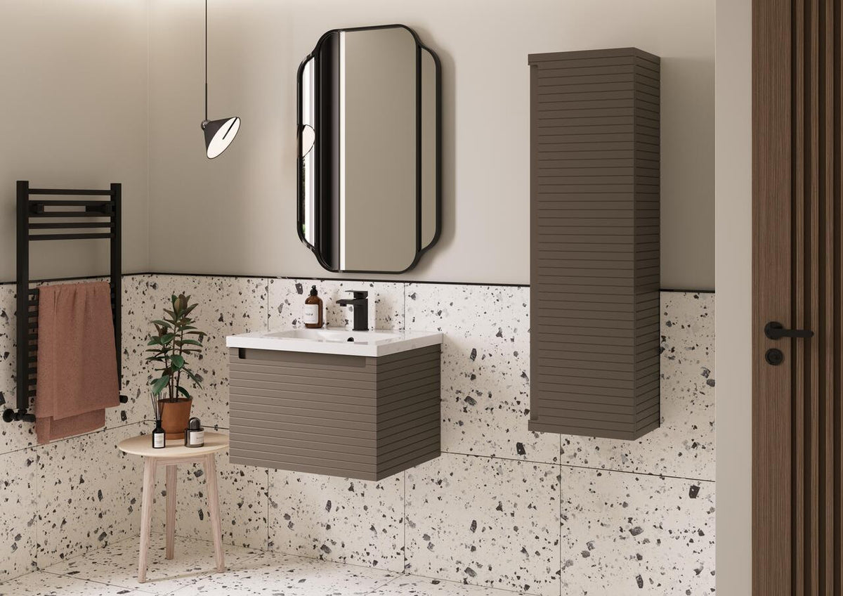 Auvellis Rovane Fluted Wall-Hung 1-Drawer Vanity Unit with Worktop in a bathroom setting