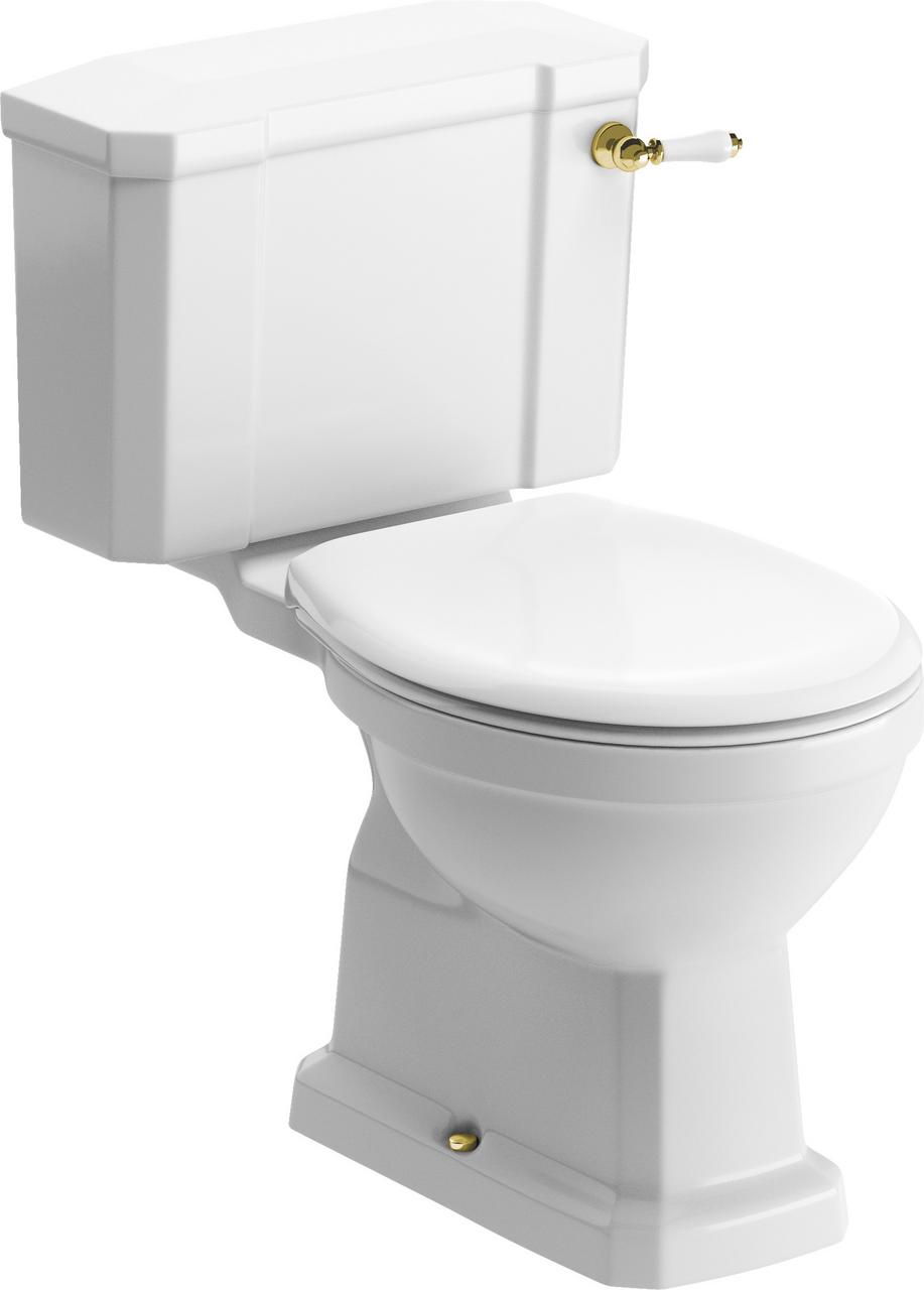 Auvellis Solenne close-coupled comfort-height toilet – acrylic seat with Brushed Brass hinges