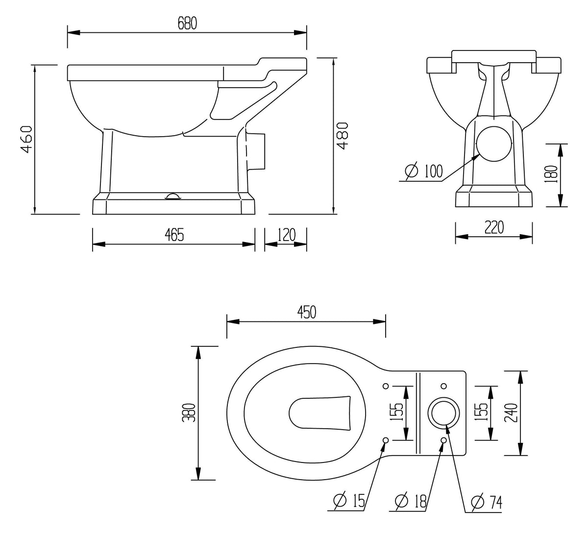 Auvellis Solenne close-coupled comfort-height toilet – technical dimensions