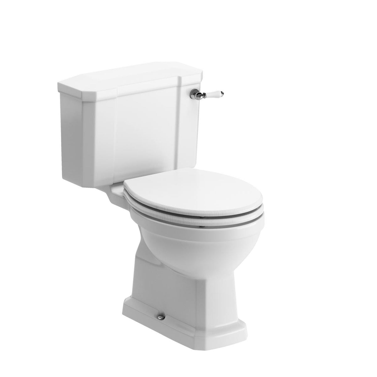 Auvellis Solenne close-coupled comfort-height toilet – white wood-effect seat with Brushed Brass hinges
