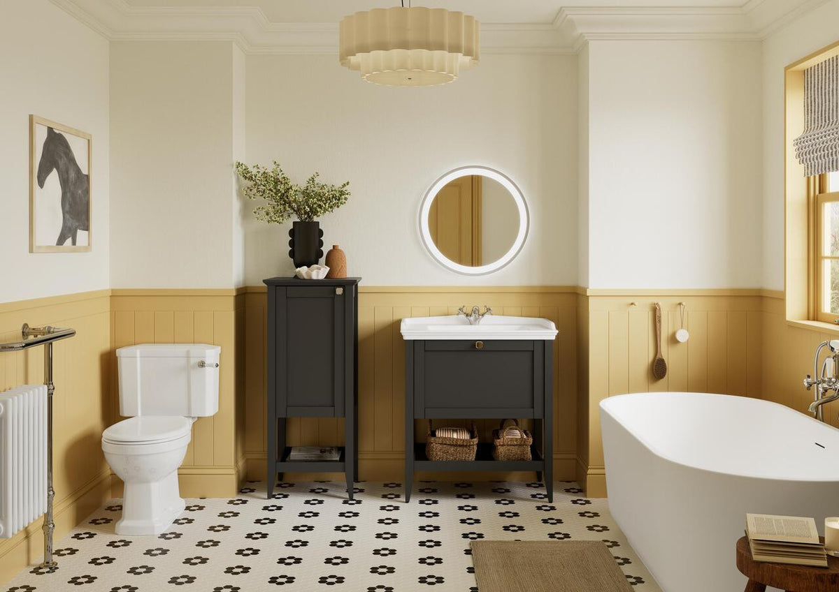 Auvellis Solenne Floor-Standing 1-Drawer Vanity Unit with Ceramic Basin – 650mm / 800mm in a bathroom setting