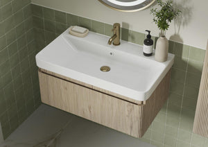 Auvellis Vela Curved Floor-Standing 2-Drawer Vanity Unit with Basin in a bathroom setting