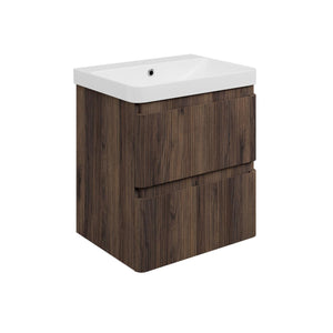Auvellis Vela Curved Wall-Hung 2-Drawer Vanity Unit with Basin – Textured Walnut / 605x460mm