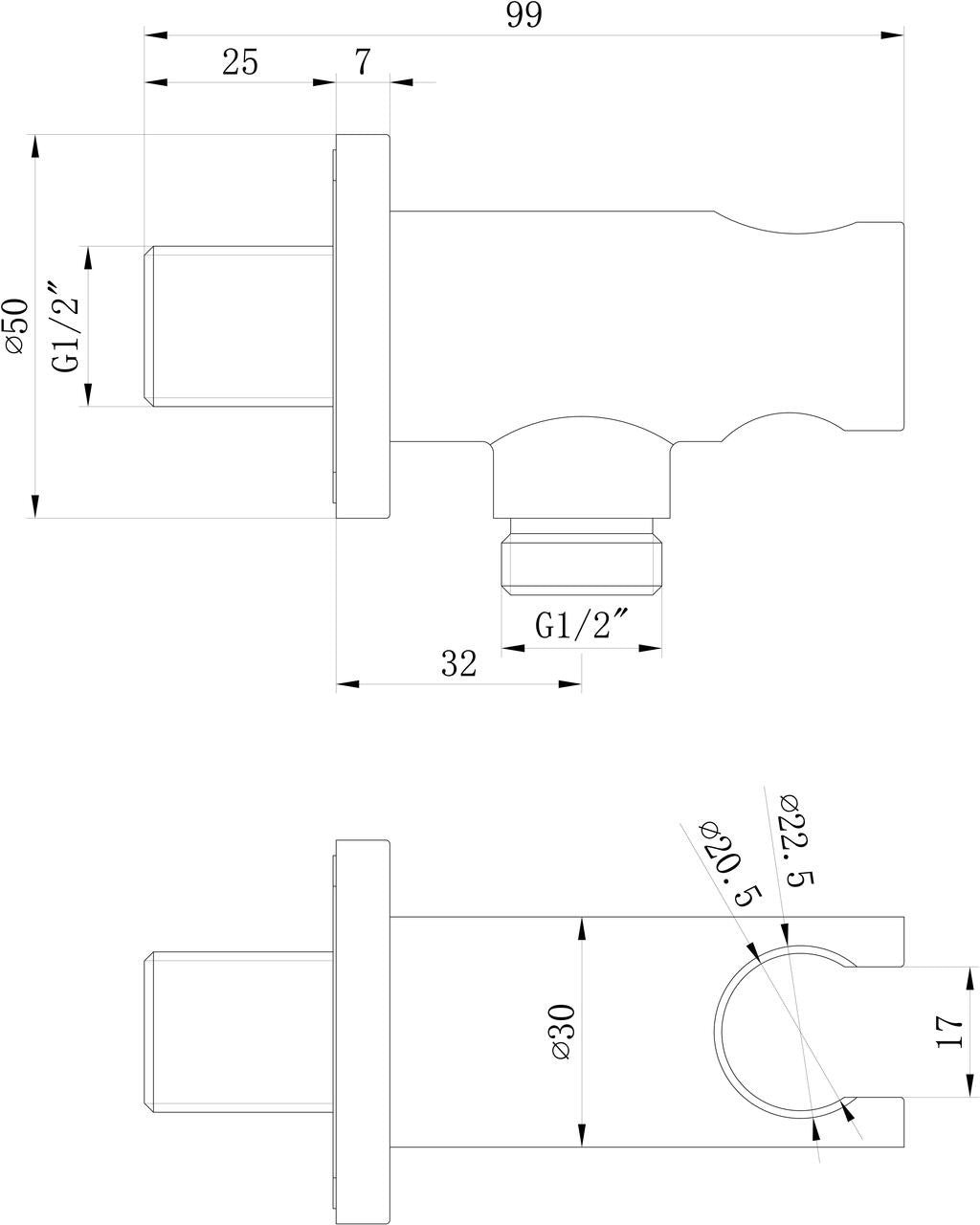Auvellis Nexara Chrome handset wall bracket and outlet dimensions