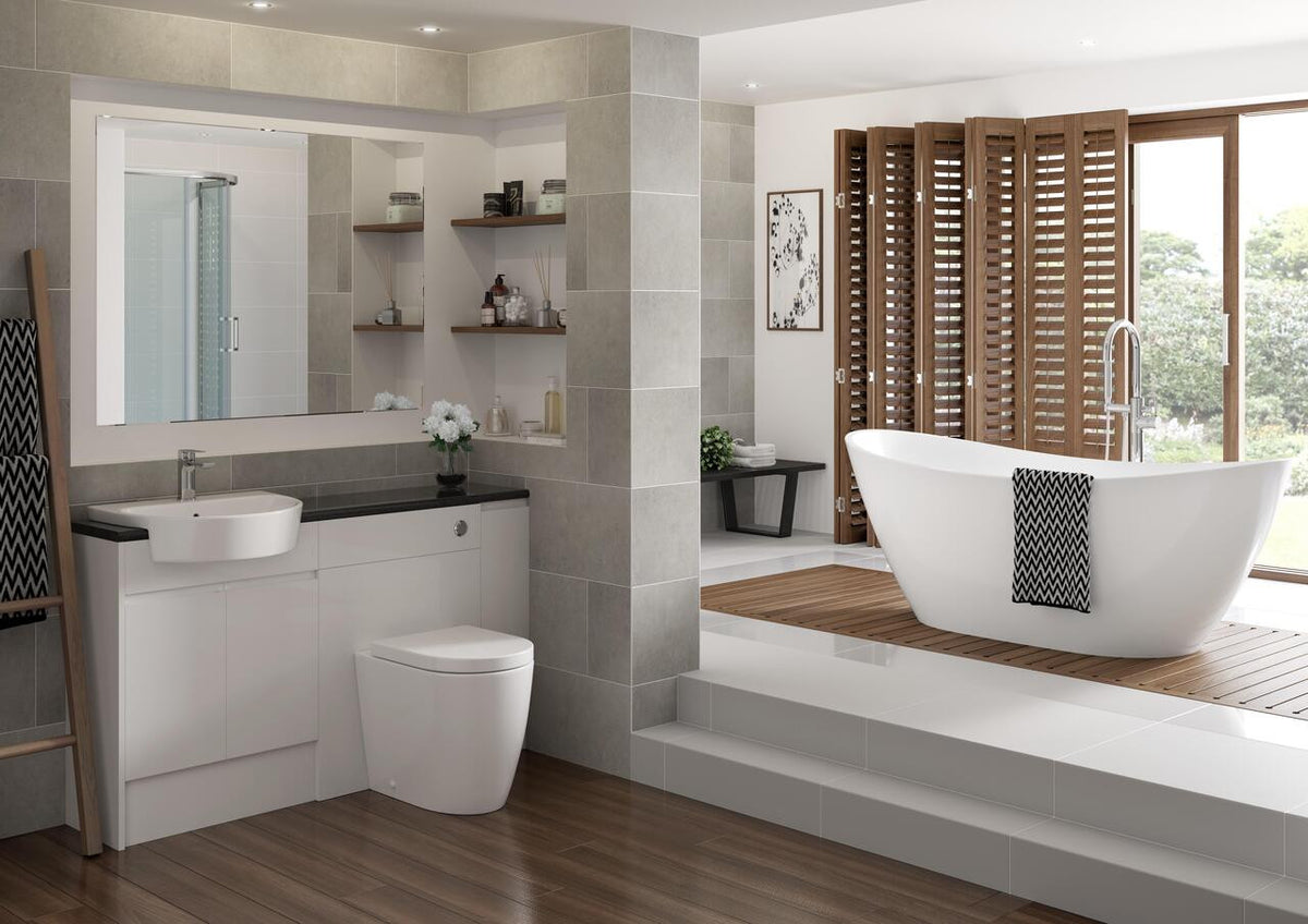 Auvellis Vela Swirlux Short Projection Back To Wall Toilet With Soft Close Seat in a bathroom setting
