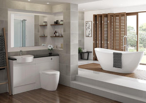 Auvellis Vela Swirlux Short Projection Back To Wall Toilet With Soft Close Seat in a bathroom setting