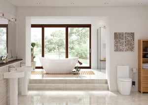 Auvellis Vela Swirlux Short Projection Close Coupled Open Back Toilet With Soft Close Seat in a bathroom setting