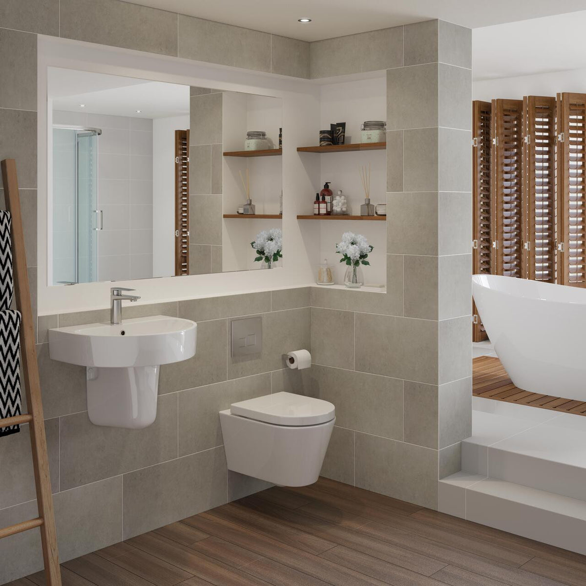 Auvellis Vela Swirlux Short Projection Wall Hung Toilet With Soft Close Seat in a bathroom setting
