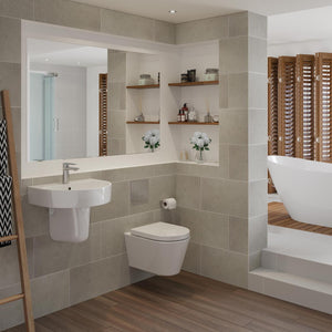 Auvellis Vela Swirlux Short Projection Wall Hung Toilet With Soft Close Seat in a bathroom setting