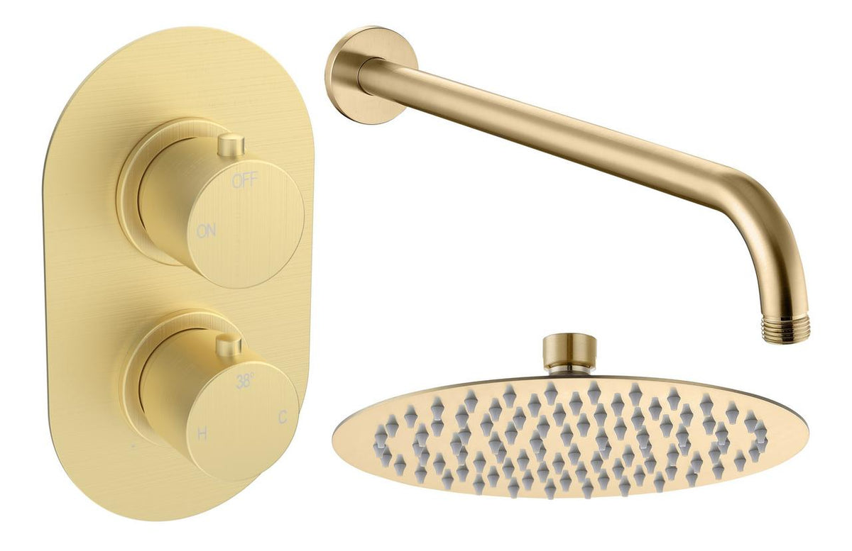 Auvellis Vela round thermostatic shower pack in Brushed Brass