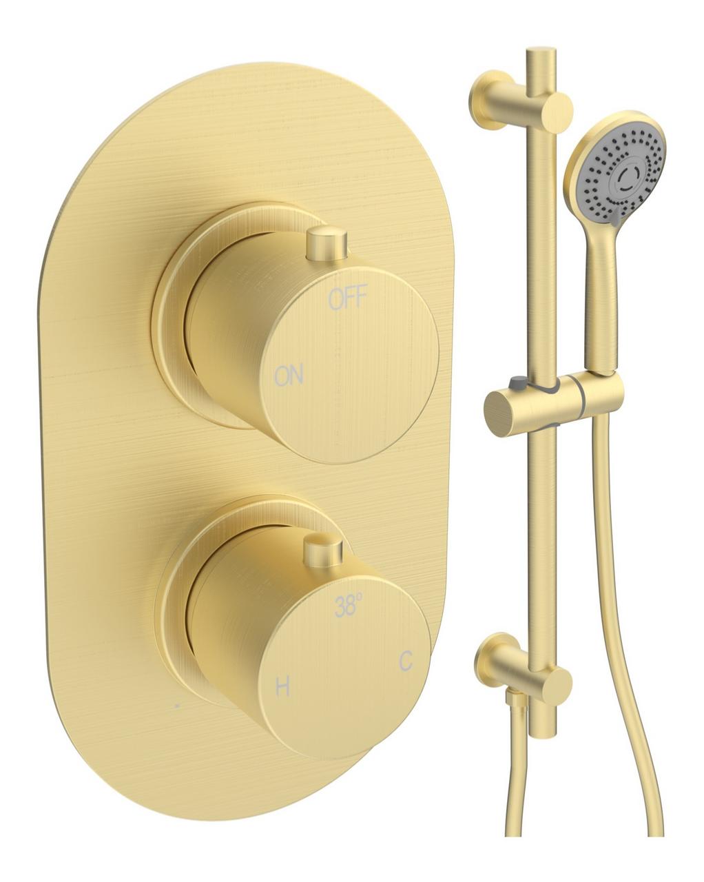 Auvellis Vela thermostatic shower pack with riser in Brushed Brass