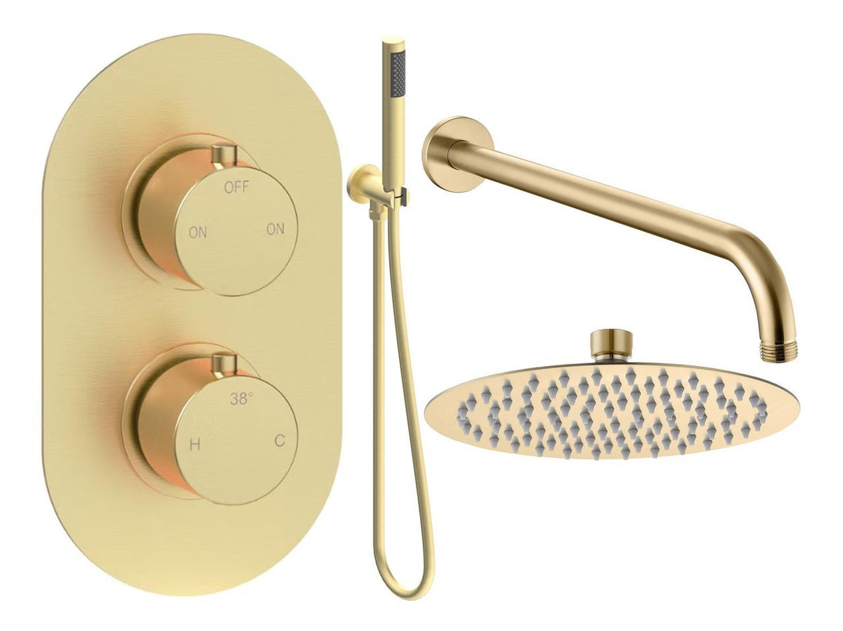 Auvellis Vela round two-outlet shower pack with handset in Brushed Brass