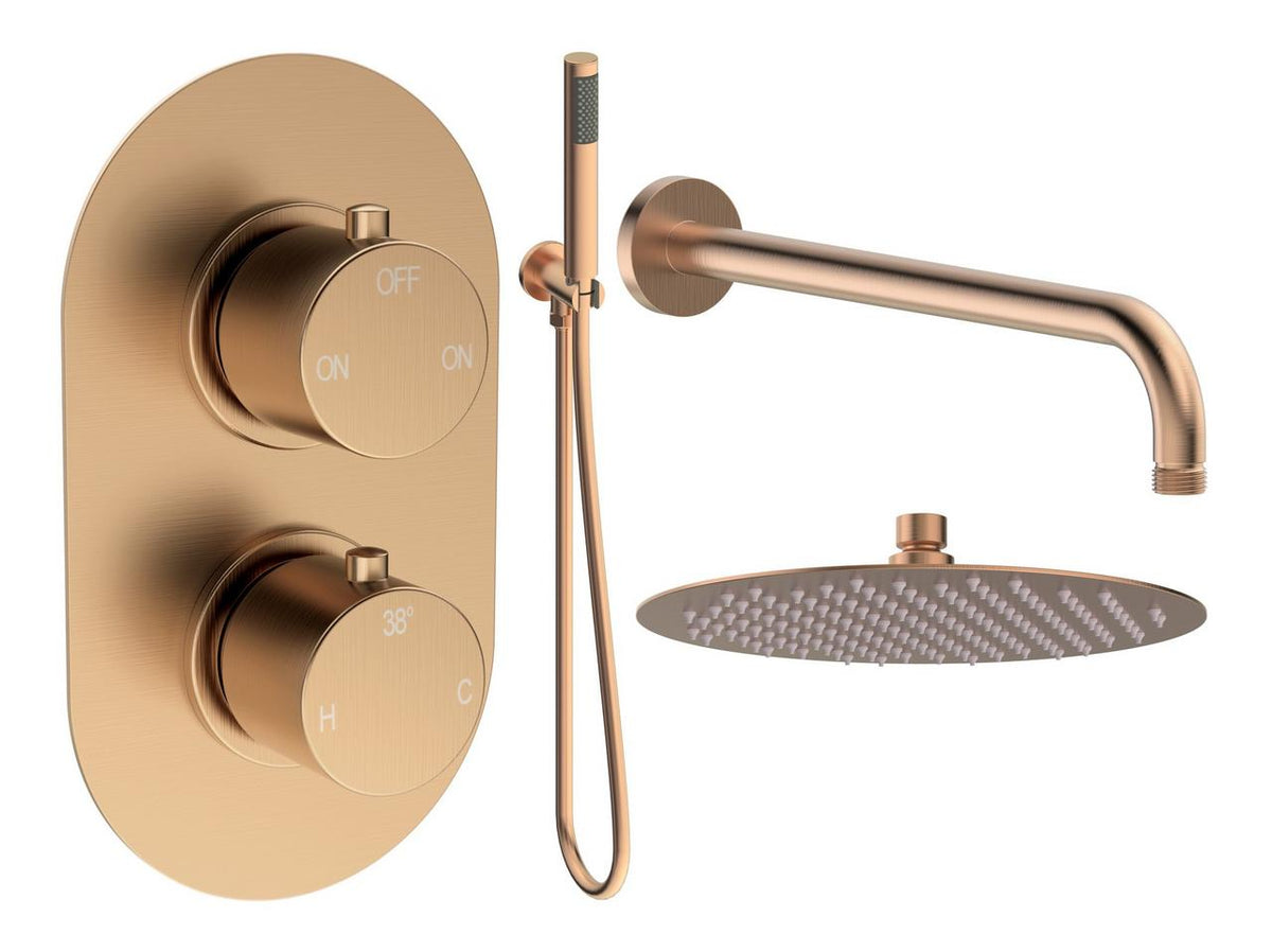 Auvellis Vela round two-outlet shower pack with handset in Brushed Bronze