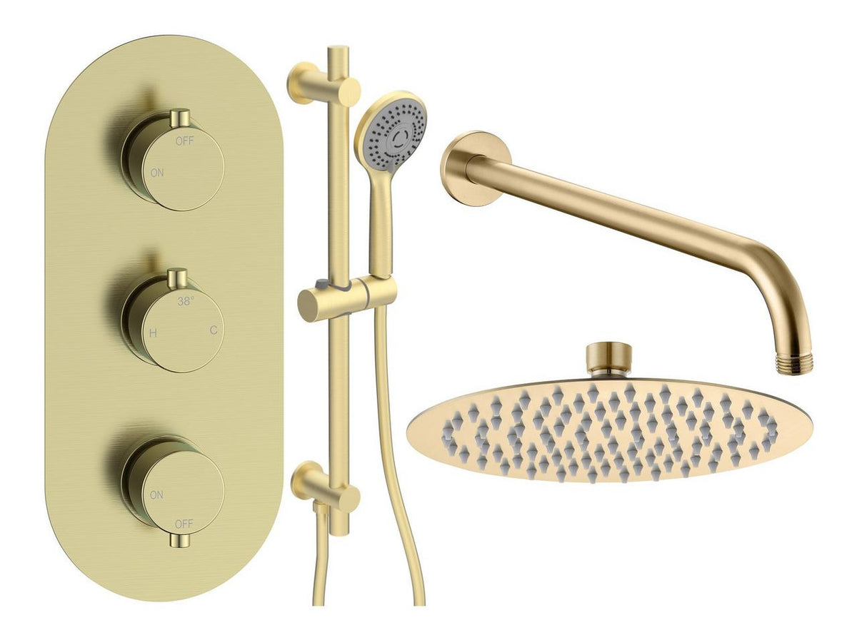Auvellis Vela round two-outlet thermostatic shower pack in Brushed Brass