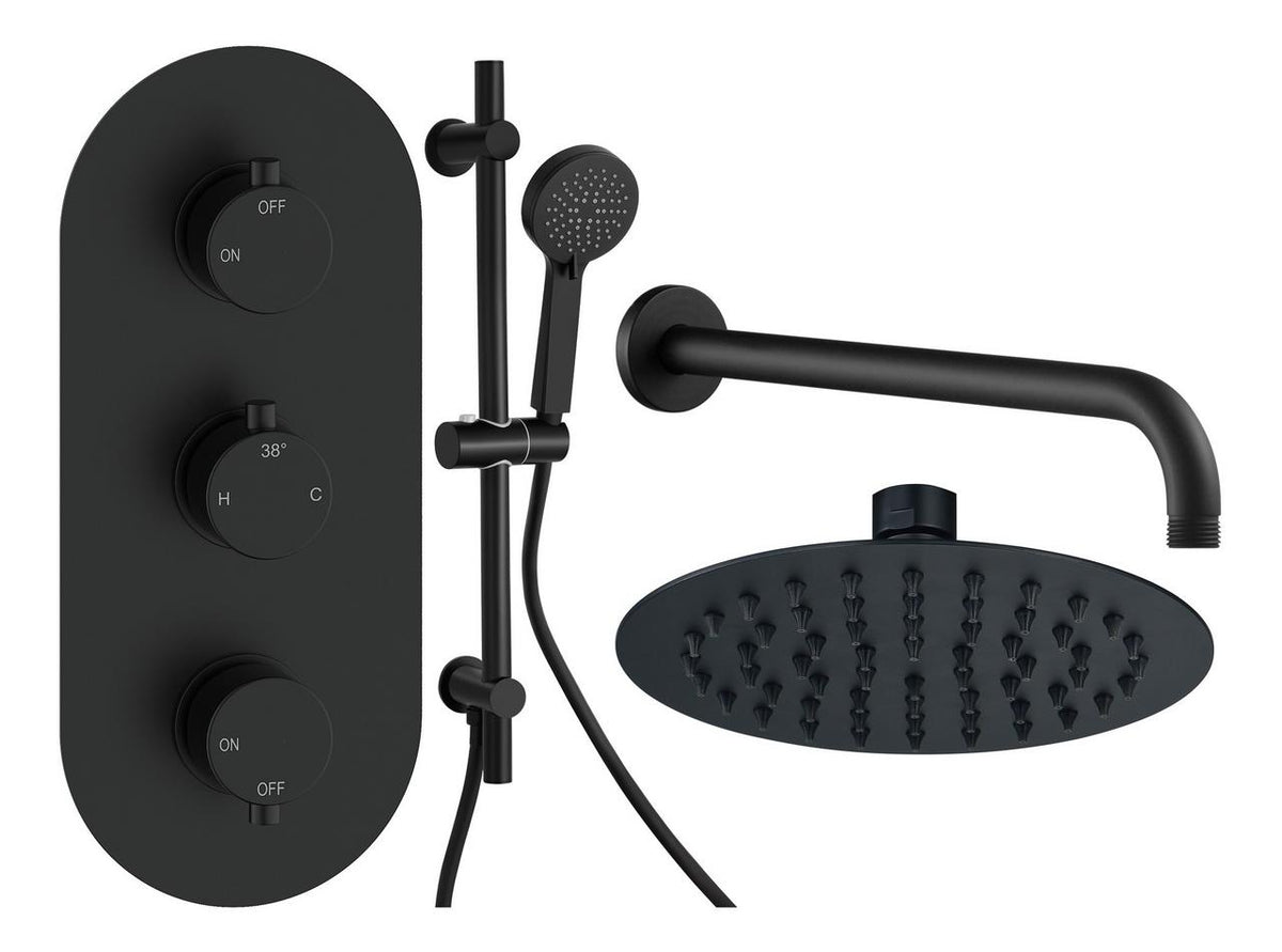 Auvellis Vela round two-outlet thermostatic shower pack in Matt Black