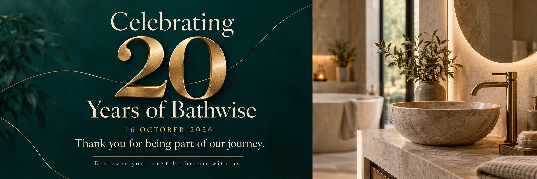 Celebrating 20 Years of Bathwise. 16 October 2026. Thank you for being part of our journey. Discover your next bathroom with us.