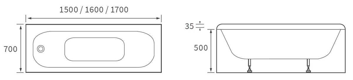 Kaldewei Eurowa steel bath – 1500, 1600 and 1700 x 700mm dimension drawing