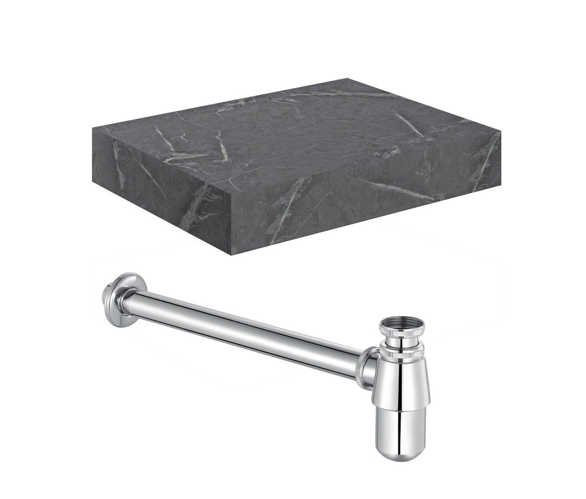Auvellis Nexara Wall-Hung Basin Shelf with Bottle Trap – Grey Marble / 600x460x100mm / Chrome
