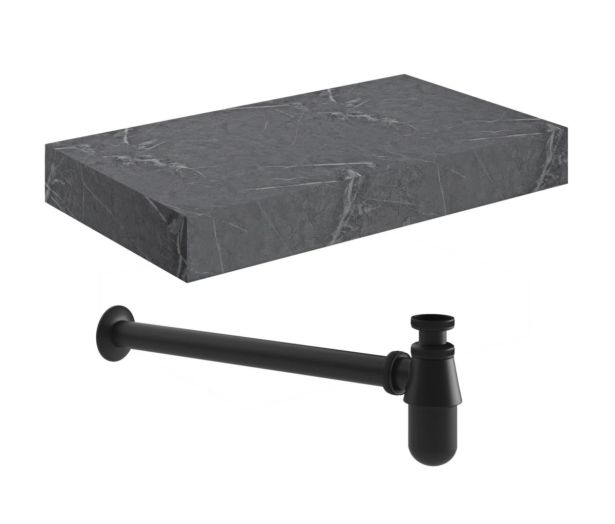 Auvellis Nexara Wall-Hung Basin Shelf with Bottle Trap – Grey Marble / 800x460x100mm / Matt Black
