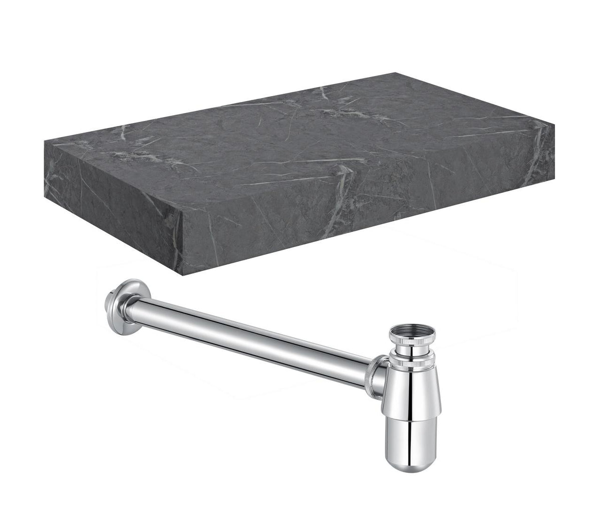 Auvellis Nexara Wall-Hung Basin Shelf with Bottle Trap – Grey Marble / 800x460x100mm / Chrome