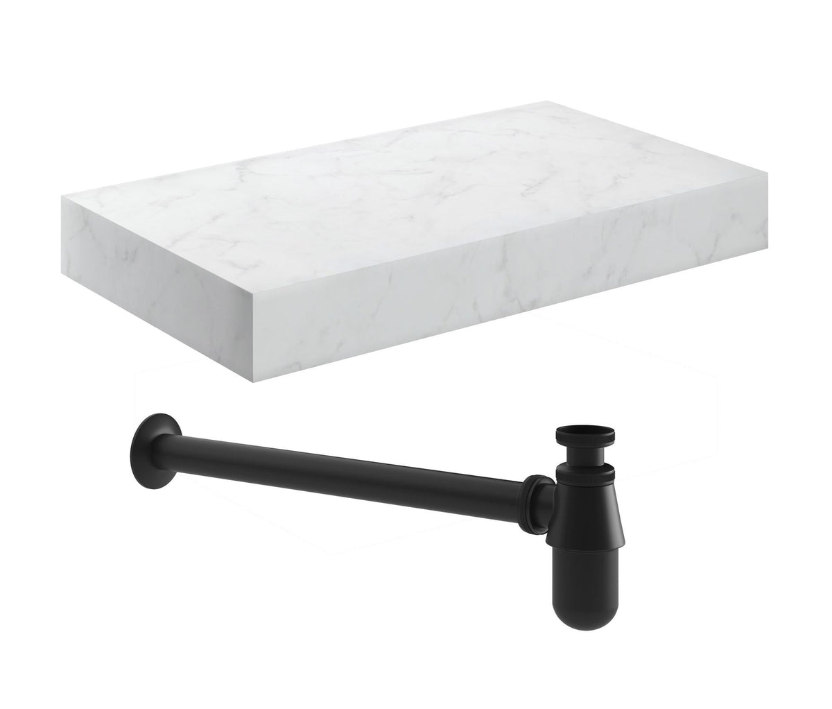 Auvellis Nexara Wall-Hung Basin Shelf with Bottle Trap – White Marble / 800x460x100mm / Matt Black