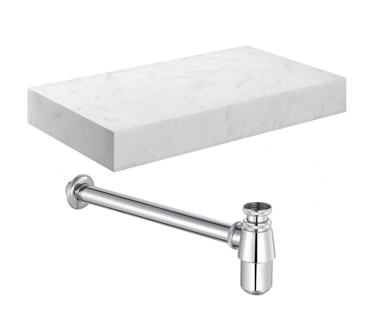 Auvellis Nexara Wall-Hung Basin Shelf with Bottle Trap – White Marble / 800x460x100mm / Chrome