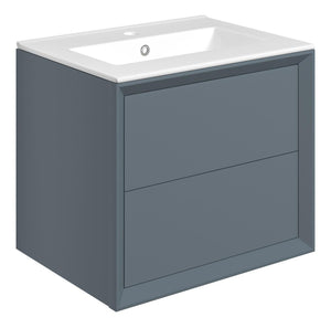 Auvellis Solenne Wall-Hung 2-Drawer Vanity with Thin-Edge Ceramic Basin – 610mm / 810mm – Matt Storm Blue / 610x460mm / 1 Tap Hole