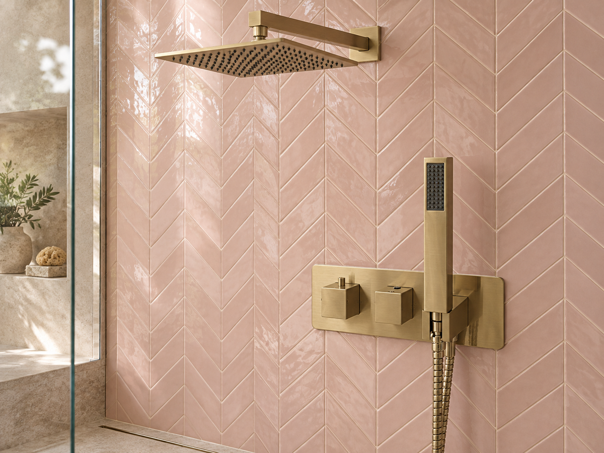 Bathroom design visualisation with brushed brass shower controls, handset and rainfall head against blush pink chevron tiles