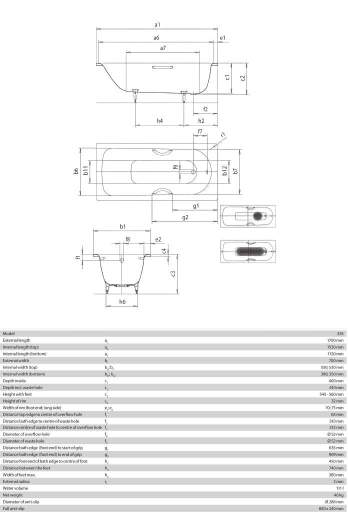 Auvellis Solenne steel bath with grips – supplier technical drawing, 1700 x 700mm