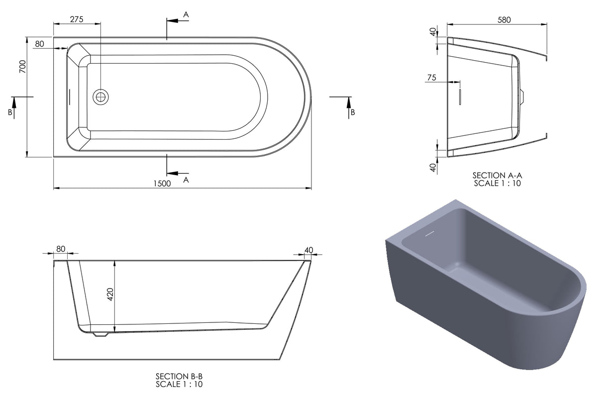 Auvellis Vela back-to-wall bath – 1500 x 700mm technical drawing