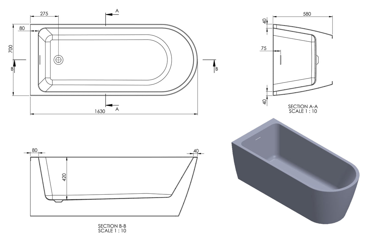 Auvellis Vela back-to-wall bath – 1630 x 700mm technical drawing