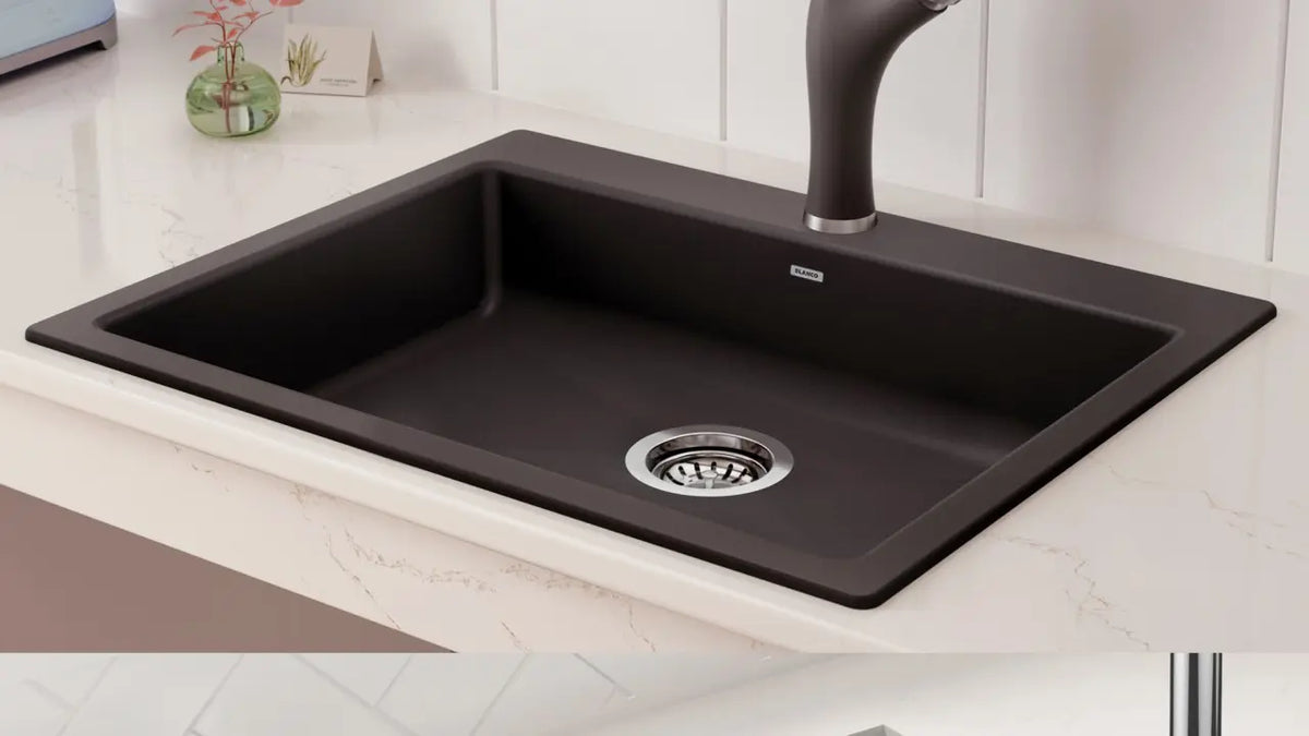 BLANCO — Black sink and tap on a pale worktop
