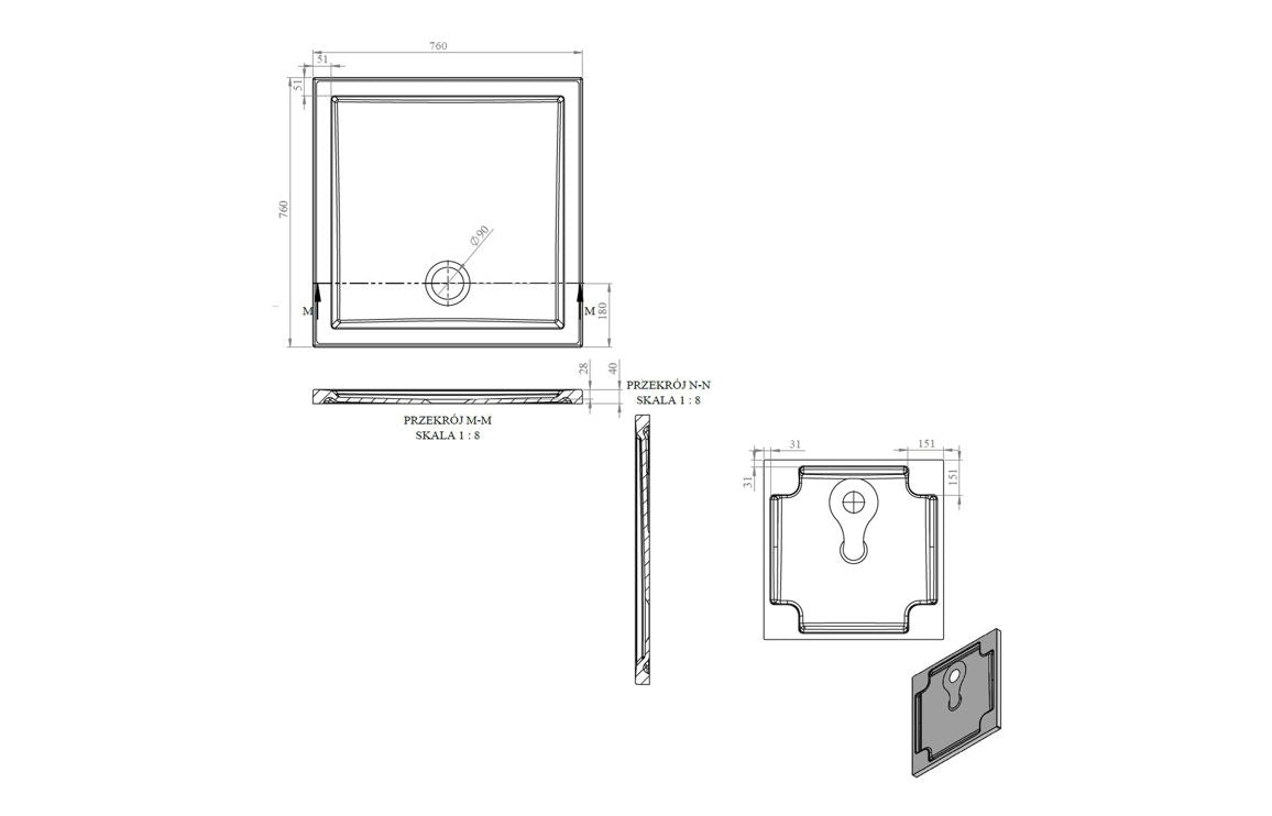 Auvellis RefleXion Low Profile Square Shower Tray – White – 760 x 760mm – dimensions