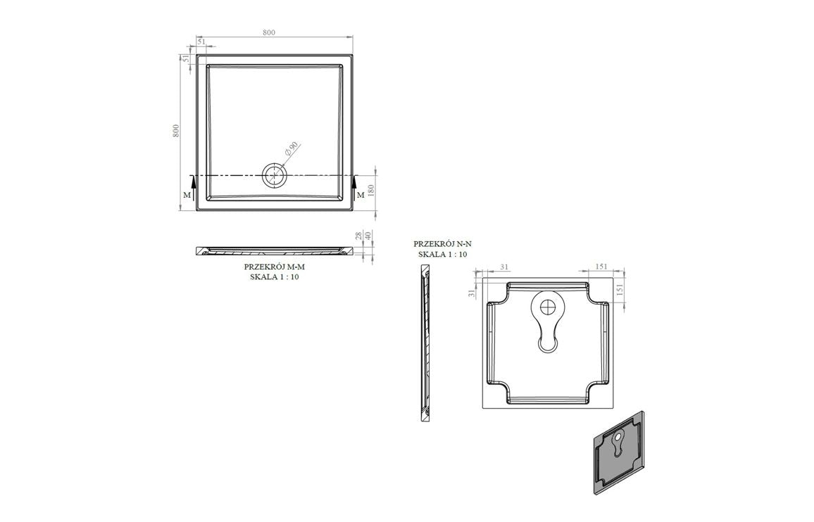 Auvellis RefleXion Low Profile Square Shower Tray – White – 800 x 800mm – dimensions