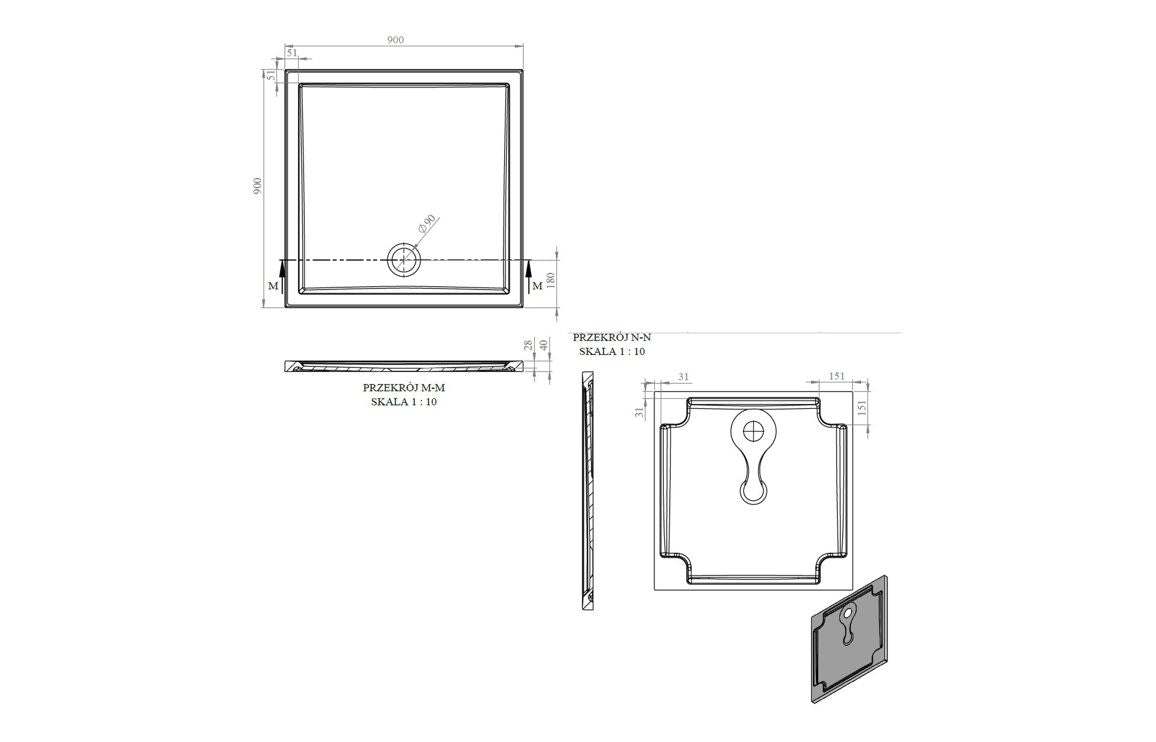 Auvellis RefleXion Low Profile Square Shower Tray – White – 900 x 900mm – dimensions