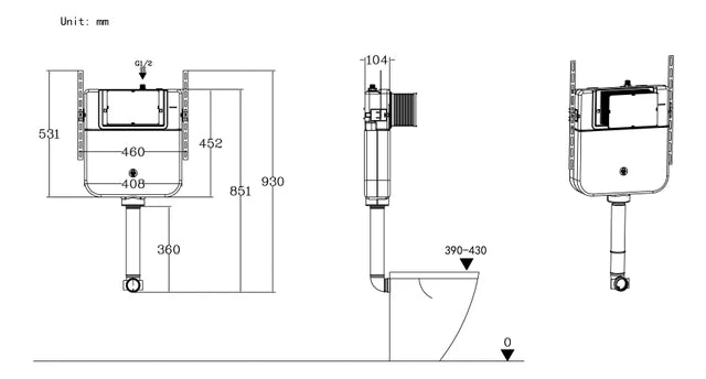 Auvellis Nexara Slim Concealed Cistern technical dimensions